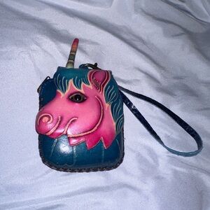 Hand Tooled Pink Unicorn Leather Wristlet